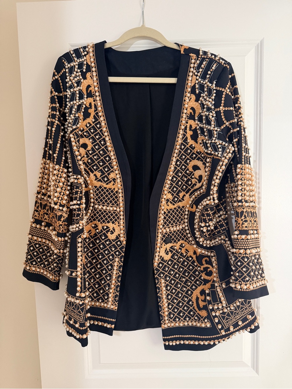Embellished Black and Gold Open Front Women's Sweater Jacket